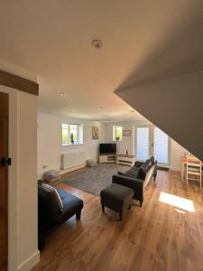 a large living room with couches and a tv at Beechen Lodges in Bishops Waltham