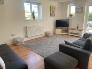 a living room with a couch and a flat screen tv at Beechen Lodges in Bishops Waltham