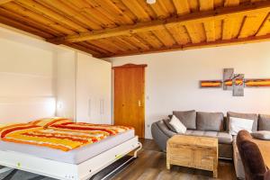 ハウツェンベルクにあるKomfortwohnung mit Pool und Saunaのベッドとソファのある寝室