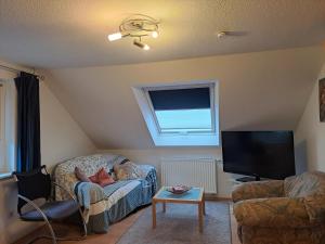 テネンブロンにあるLes Papillonsのソファとテレビのあるリビングルーム