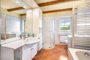 a bathroom with a sink and a shower and a toilet at Familie Nahrstedt Wildblick in Löbau +17 photos