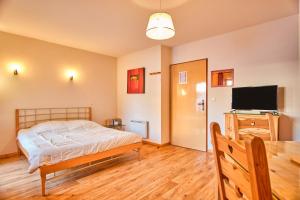 a bedroom with a bed and a desk with a television at Les Myrtilles in Chamrousse
