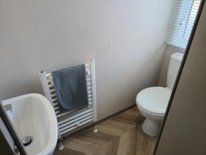 a bathroom with a toilet and a sink and a towel at Baywood View Lodge in East Heslerton +8 photos