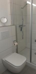 une salle de bain blanche avec toilettes et douche dans l'établissement Ferienwohnung Reindler, à Fischen im Allgäu 14 autres photos