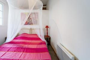 Schlafzimmer mit einem rosa Bett und einem Moskitonetz in der Unterkunft Appartement bord de Nive Bayonne in Bayonne