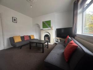 a living room with a couch and a fireplace at Cosy 3 Bedroom in Birmingham in Birmingham