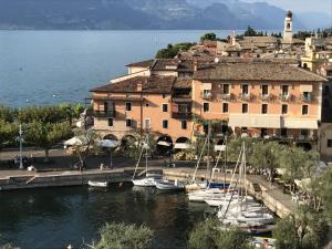 a group of boats docked in a harbor next to buildings at Residence La Mignon Terrazza in Torri del Benaco