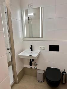 a bathroom with a sink and a toilet and a mirror at Chiemgauer Alpenglück in Inzell