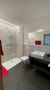 a bathroom with a shower and a toilet and a sink at Fröhlichhof Wohnung Pink Lady in Lagundo