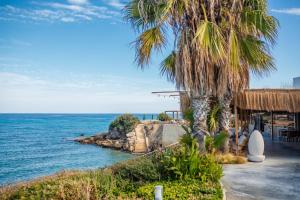 OrgaにあるRomantic Santorini-Style Villa with Private Pool and Sea Viewのヤシの木と海のビーチ