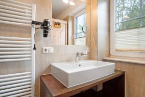 a bathroom with a white sink and a mirror at Ferienhaus Seepferdchen in Dranske +19 photos