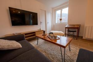 a living room with a couch and a tv at Les Appartements de Clélia in Ax-les-Thermes