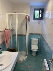 ein Badezimmer mit Dusche, Toilette und Waschbecken in der Unterkunft Jardin de los Pirineos- Margas Golf in Sabiñánigo + 4 Fotos