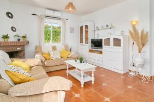 a living room with two couches and a fireplace at Villa La Macera in Frigiliana