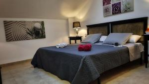 une chambre avec un lit avec deux oreillers rouges dessus dans l'établissement La Pausa, à Gandía 12 autres photos