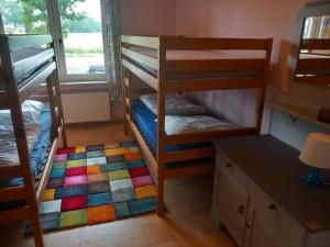 a room with two bunk beds and a desk at Ruhe auf dem Lande in Westerstede