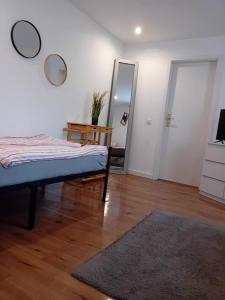 a bedroom with a bed and a dresser and a mirror at Stellas Monteurwohnung in Crimmitschau