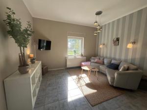 a living room with a couch and a table at Am Conradhof 2 in Louisendorf