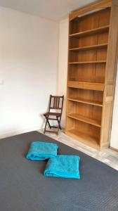 a room with two blue towels on the floor and a chair at Maison au 19 in Bourges
