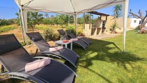 eine Gruppe von Stühlen unter einem Zelt im Hof in der Unterkunft Casa Rural Limones in La Puebla de Cazalla