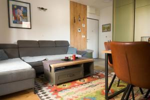ビイェラシュニツァにあるApartment Bjelasnica Vucica Lodgeのソファとテーブルのあるリビングルーム