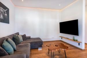 a living room with a couch and a flat screen tv at Ferienhaus Lencer in Ühlingen-Birkendorf