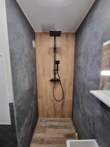 een douche in een badkamer met een muur bij Apartmán Sárka Brezno in Brezno
