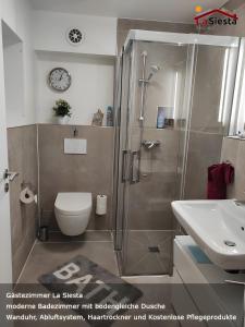 a bathroom with a shower and a toilet and a sink at Gästezimmer La Siesta in Ötisheim +21 photos