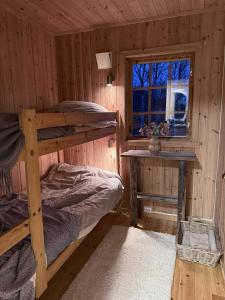 トロムソにあるNordic Retreatの二段ベッド2台とテーブルのある部屋