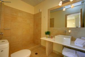 ein Badezimmer mit Toilette, Waschbecken und Spiegel in der Unterkunft Villa Porfyra Ideales Resort in Kefalonia + 11 Fotos