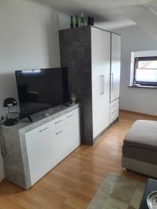 a living room with a flat screen tv on a cabinet at Haus Schmidt Bildstock in Friedrichsthal