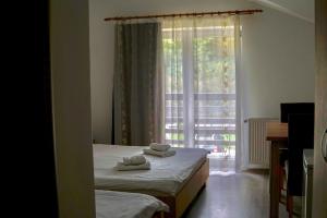a bedroom with two beds and a large window at Pensiunea Serenitas in Sebeşel