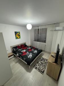 a bedroom with a bed and a television in it at AA home in Craiova International Airport