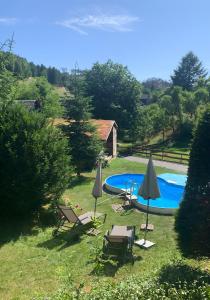 einen Hinterhof mit einem Pool, Stühlen und Sonnenschirmen in der Unterkunft Ritschel Alm Limbach in Probstzella