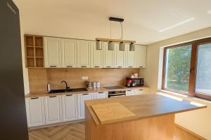 a kitchen with white cabinets and a wooden counter top at Transrarau Lodge in Pojorâta