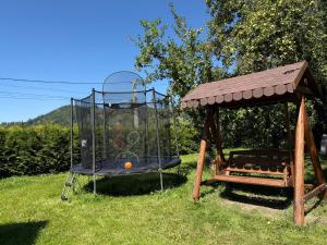 a playground with a swing set in the grass at Transrarau Lodge in Pojorîta