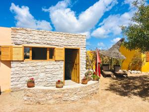 a stone house with potted plants in front of it at Eco-Ranch Salomé in Sidi Kaouki