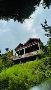 un edificio en un campo de hierba con una casa en GramInn, en Jibhi