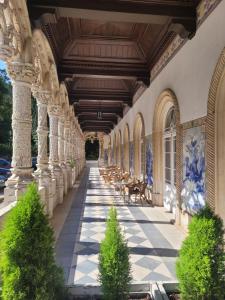 an arcade of a building with chairs and plants at Gite espumante in Mamarrosa