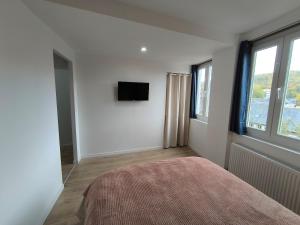 a bedroom with a bed and a television on a wall at Les petits gaillards in Les Andelys