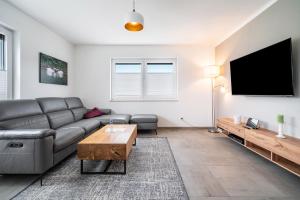 un salon avec un canapé et une télévision à écran plat dans l'établissement Seeglück 1 am Tollensesee, à Groß Nemerow
