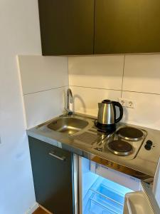 y cocina con fogones y hervidor de agua. en Apartment 1, en Gottmadingen