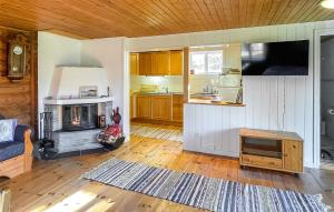 Il dispose d'une cuisine et d'un salon avec une cheminée. dans l'établissement Lovely Home In Årjäng With Wifi, à Månstad