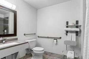 a bathroom with a toilet and a sink and a mirror at Rodeway Inn Delmont in Delmont +23 photos