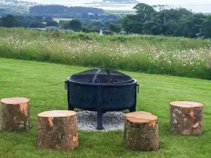 eine Feuerstelle in einem Feld mit drei Holzstämmen in der Unterkunft Scenic Bay in Ludgvan