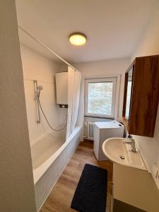 a small bathroom with a sink and a shower at NEW! StayPfalz Apartment - 3 Zimmer & Parkplatz in Neustadt an der Weinstraße