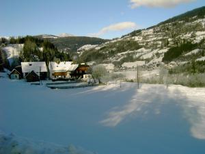 穆劳附近圣格奥尔根Haus Edlinger的一片雪覆盖的田野,有房子和山
