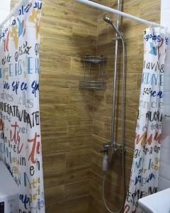 Izvorski Horizonti的浴室里有带浴帘的淋浴间