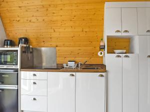 Abbey-CwmhirにあるSerenの白いキャビネットと木製の壁が備わるキッチン