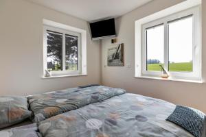 une chambre avec un lit et deux fenêtres dans l'établissement Ferienwohnung Auszeit, à Westerholz